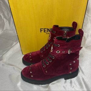 Fendi Burgundy Velvet Studded F Logo Ankle Boots
